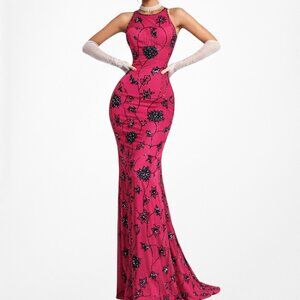 Vintage Y2K Pink Floral Beaded Bodycon Maxi Formal Prom Dress Size L